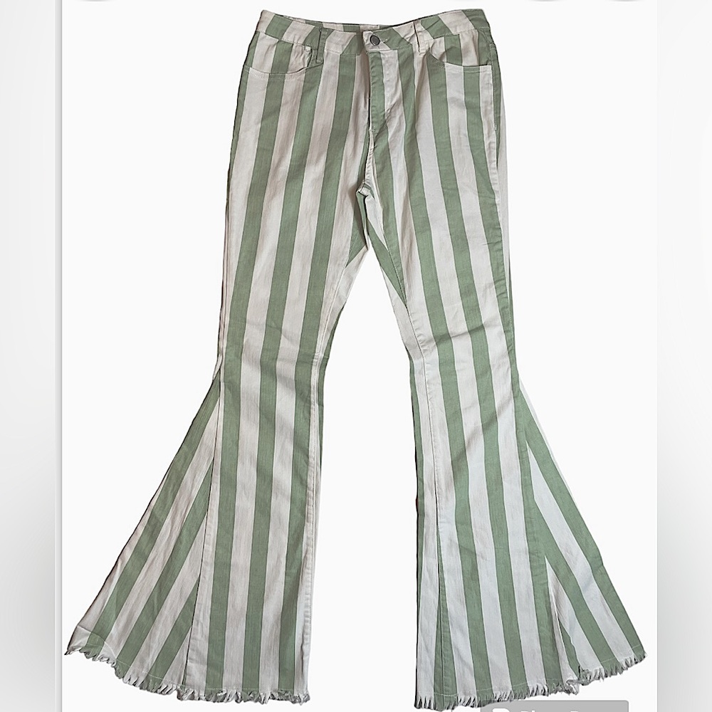Altar'd State Pants Women Large White Green Striped Bell Bottoms Flare Stretch